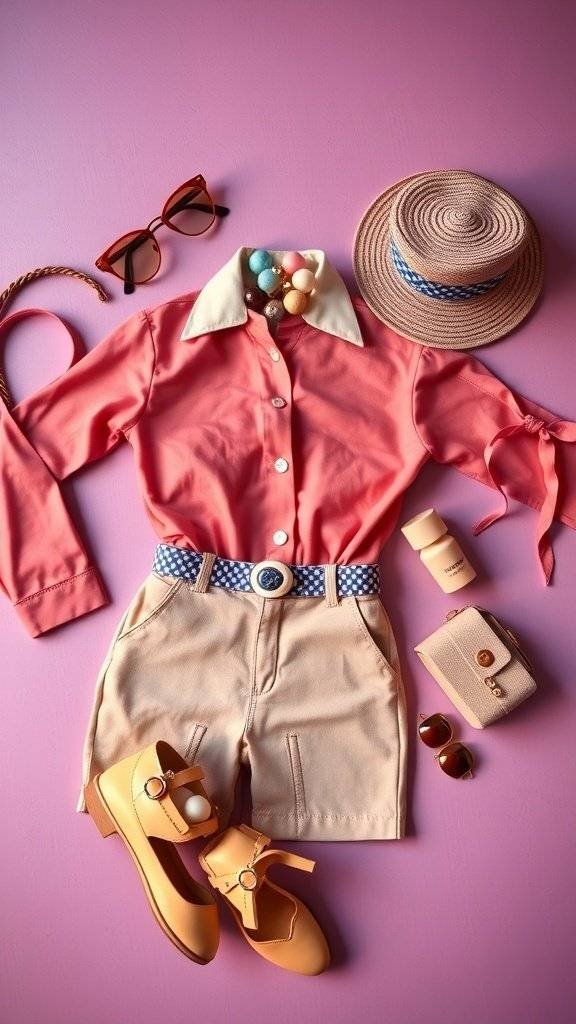 A vibrant 1960s inspired women's preppy outfit featuring a coral blouse, beige shorts, colorful accessories, and stylish footwear.