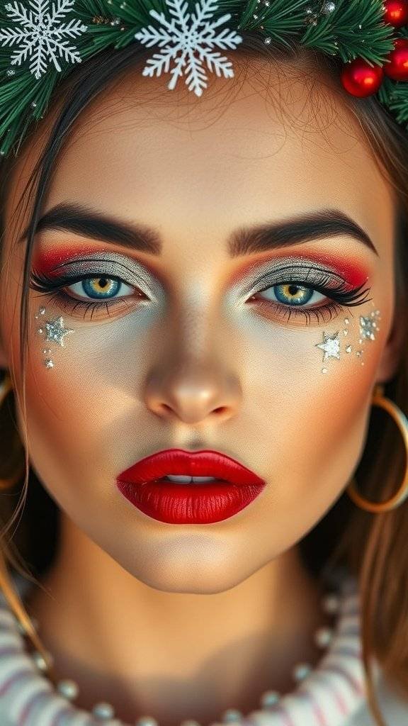 A close-up of a woman with cherry red lips and silver sparkles on her face, wearing a festive headpiece.