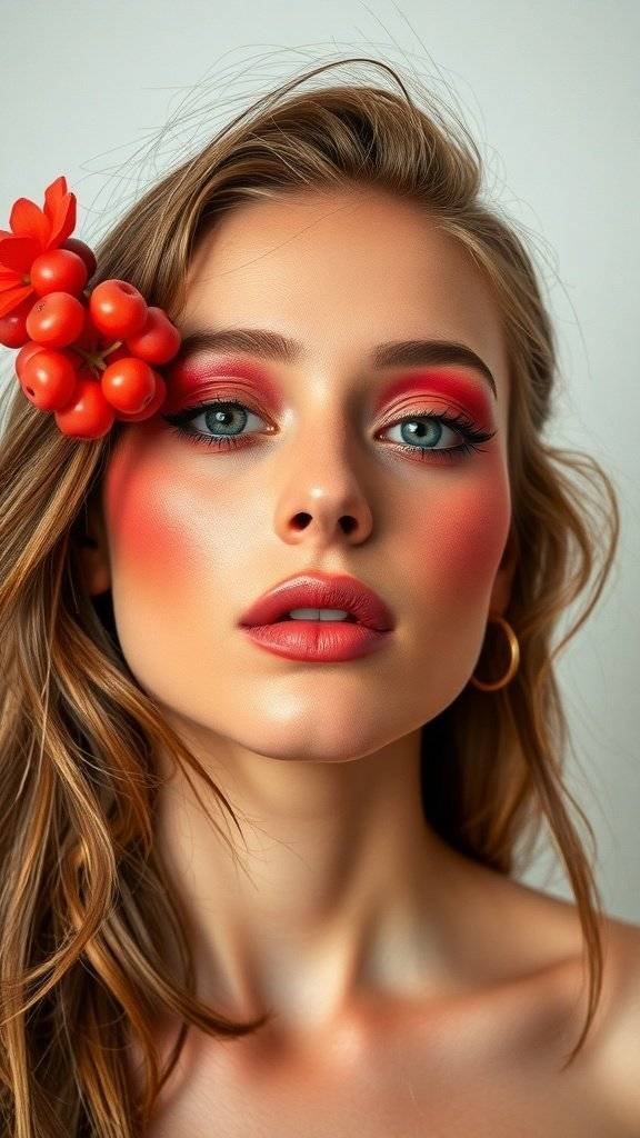 A model with cherry red and coral makeup, featuring vibrant red eyeshadow, coral blush, and cherry red lips, accessorized with a flower in her hair.