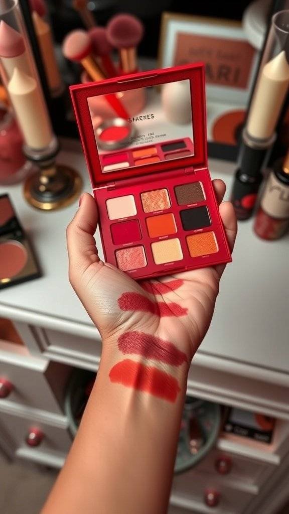 Cherry Red Eye Shadow Palette with swatches on hand