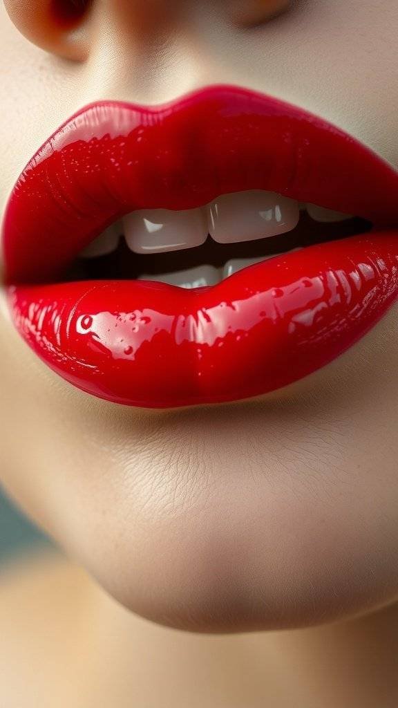 A close-up of cherry red lip gloss being applied to lips.