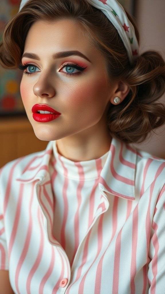 A woman with cherry red lips and pastel striped outfit, showcasing a vintage-inspired makeup look.