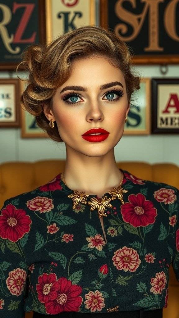 Model with cherry red lips and floral patterned outfit, showcasing a stylish makeup look.