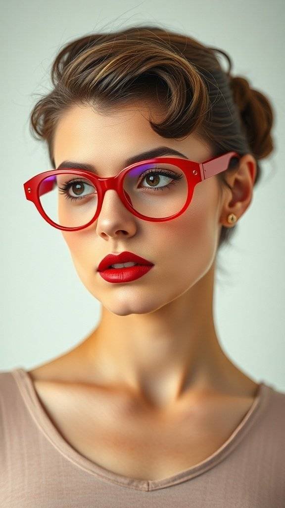 A model wearing cherry red oversized glasses and bold red lipstick, showcasing a retro-inspired makeup look.