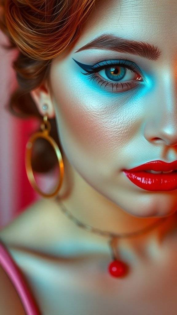 Close-up of a model showcasing cherry red lips and light blue eyeshadow with winged eyeliner.
