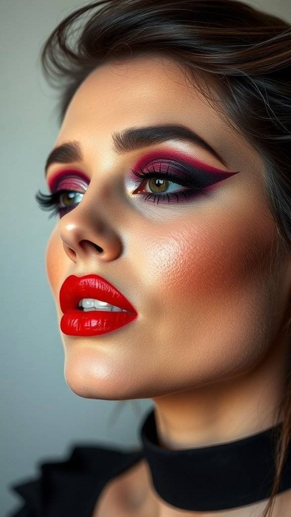 Makeup look featuring cherry red lips and deep purple eyeshadow with winged eyeliner