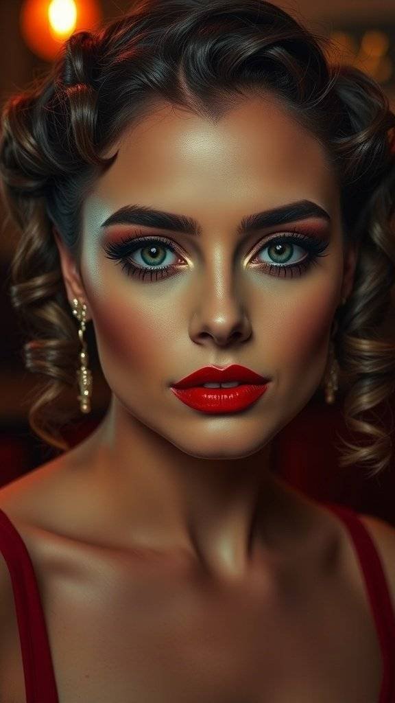 A glamorous makeup look featuring cherry red lips, warm eye makeup, and vintage curled hair.