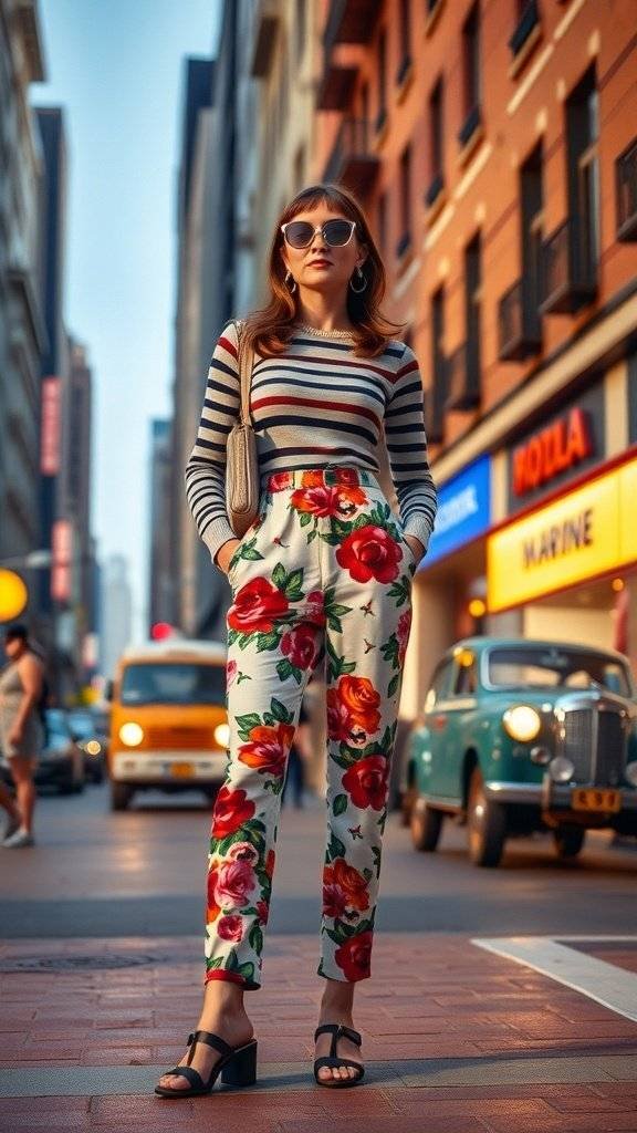 A woman in a striped top and floral pants walking in a city street.