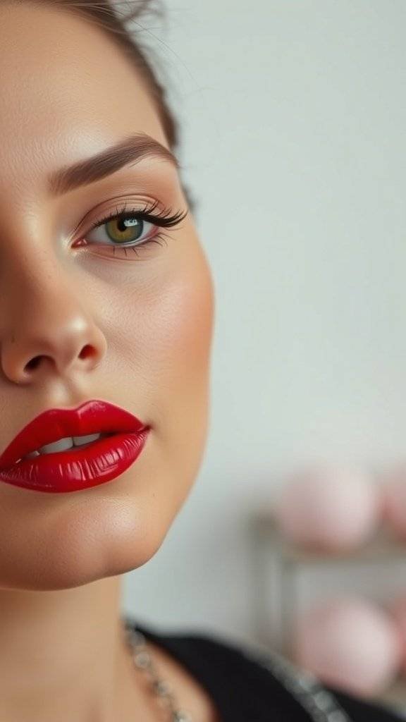 Close-up of a woman's face with cherry red lips and peachy undertones on her cheeks.