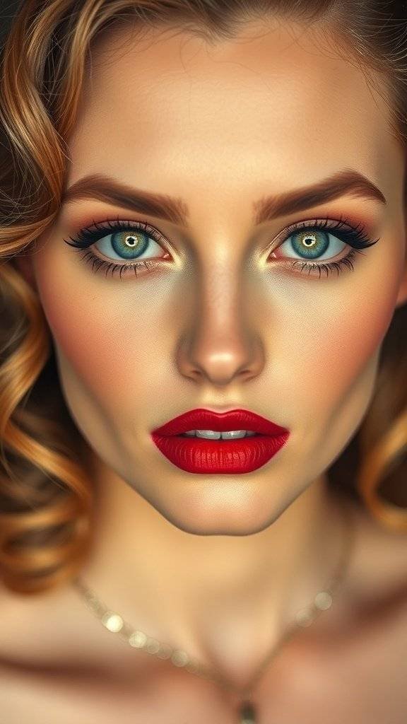 Close-up of a woman with cherry red lipstick and neutral makeup, showcasing a classic beauty look.