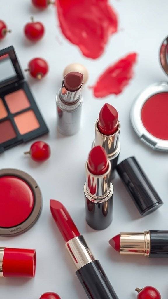 An assortment of cherry red makeup products including lipsticks, blush, and cherries on a white background.