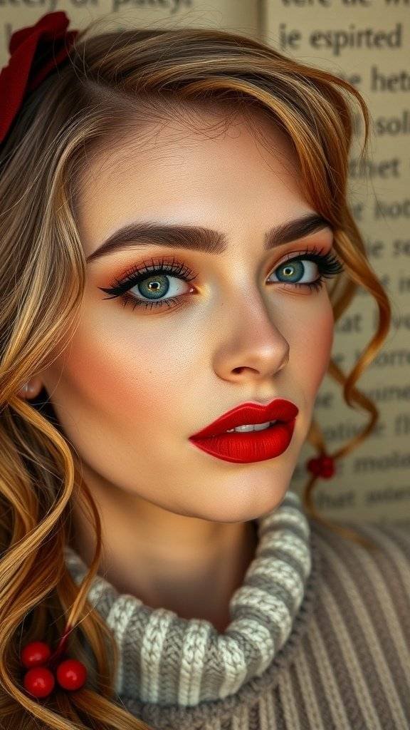 A close-up of a woman with cherry red lipstick and earth toned makeup, featuring warm eyeshadow and a cozy sweater.