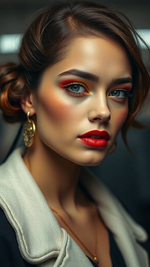 A model with cherry red makeup, featuring bold lips and striking eye accents, showcasing a radiant glow.