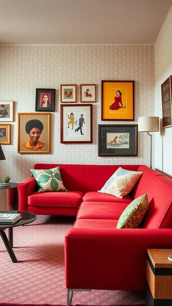A cherry red vintage couch in a 1960's themed room with framed artwork on the walls.