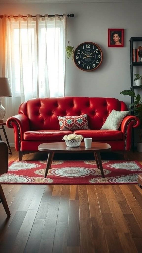 A cherry red vintage couch in a stylish living room setting, featuring a round clock and framed artwork.