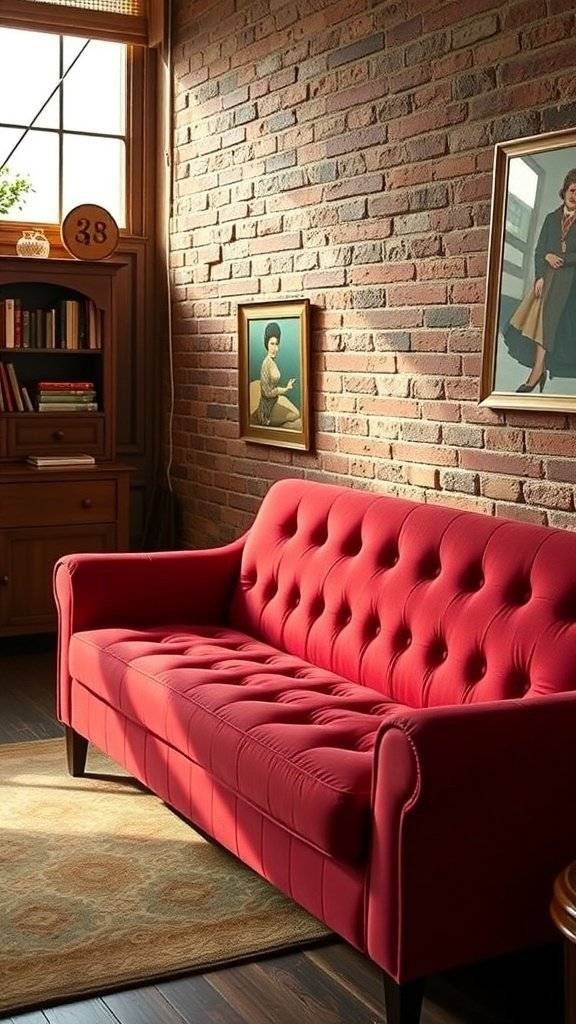 A cherry red vintage couch from the 1960s, set against a brick wall with framed art and a wooden bookshelf.