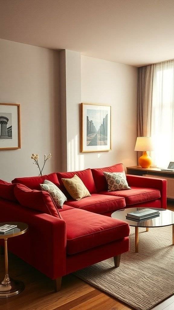 A cherry red vintage couch in a stylish living room with 1960's themed decor.