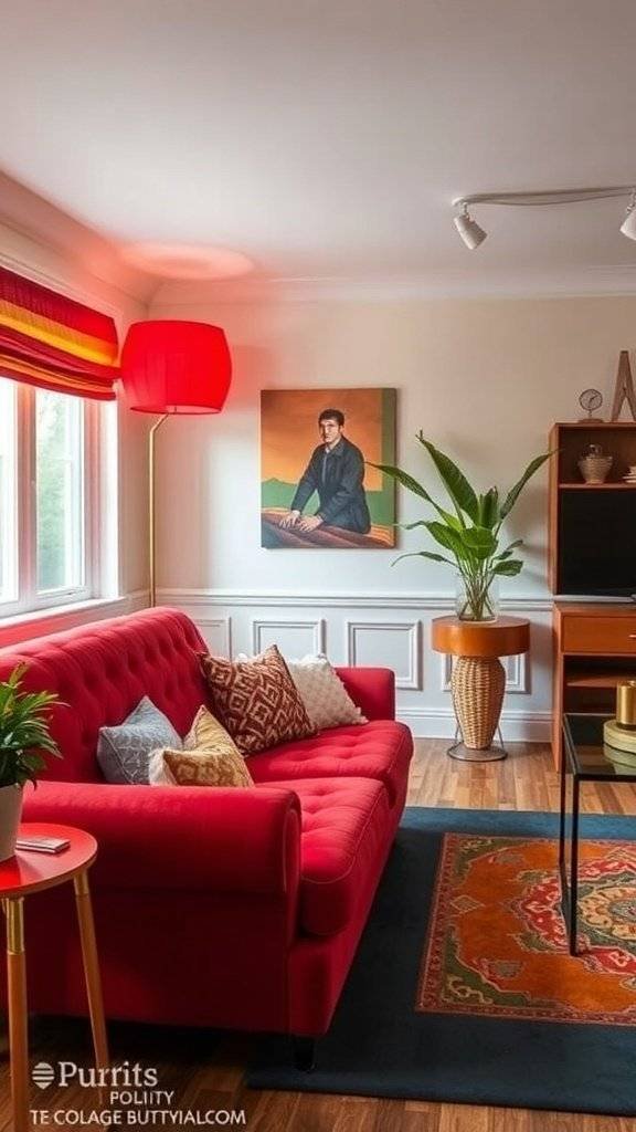 A vibrant living room featuring cherry red vintage couches with floral upholstery, surrounded by colorful patterned curtains and decor.