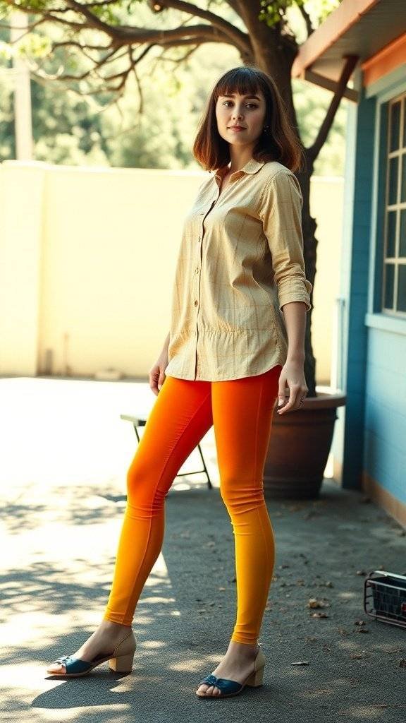 A woman wearing brightly colored leggings that transition from orange to yellow, paired with a light-colored tunic and stylish flats.