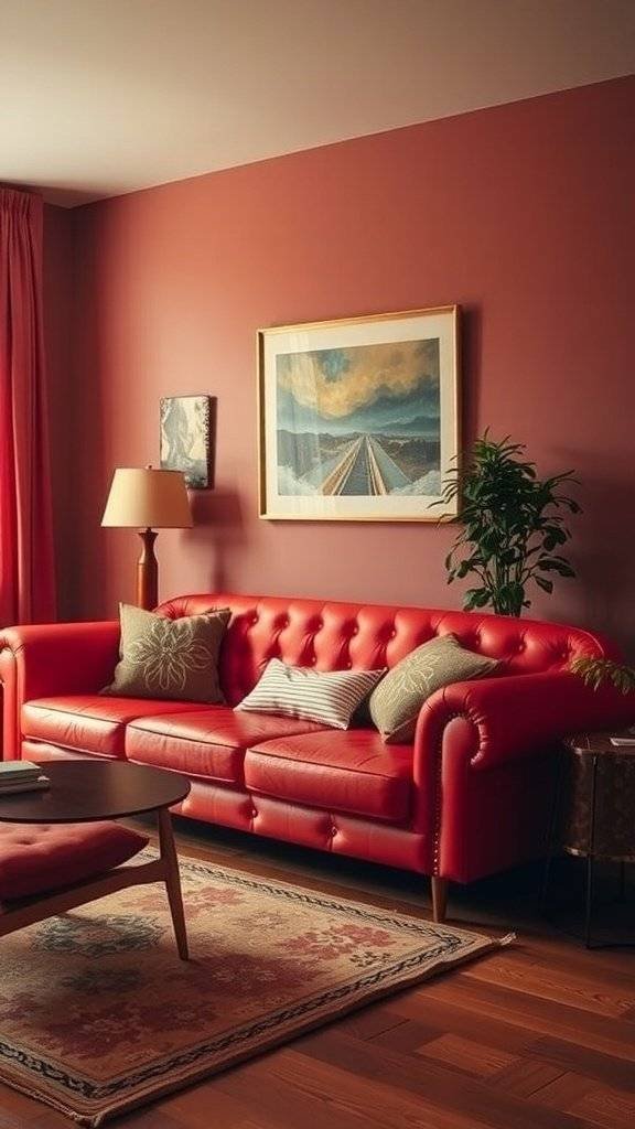 A cozy living room featuring cherry red vintage couches, colorful wall art, and mid-century modern furniture, reflecting 1960s design.
