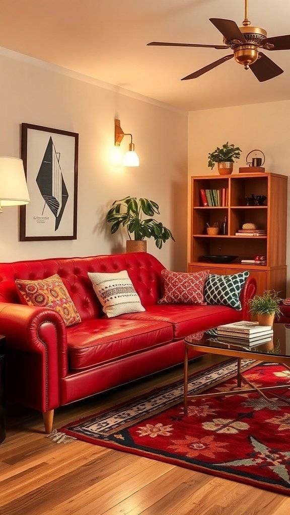 A stylish living room featuring cherry red vintage couches with a 1960's theme.