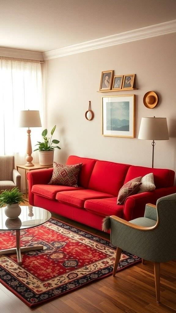 A cozy living room featuring a cherry red vintage couch, green armchair, and decorative elements inspired by the 1960s.
