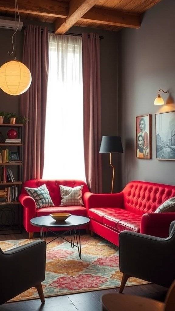 Two stylish living rooms featuring cherry red vintage couches, showcasing different design styles.