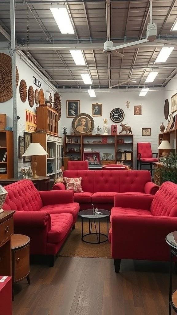 A cozy arrangement of cherry red vintage couches in a vintage-themed store, showcasing mid-century decor.