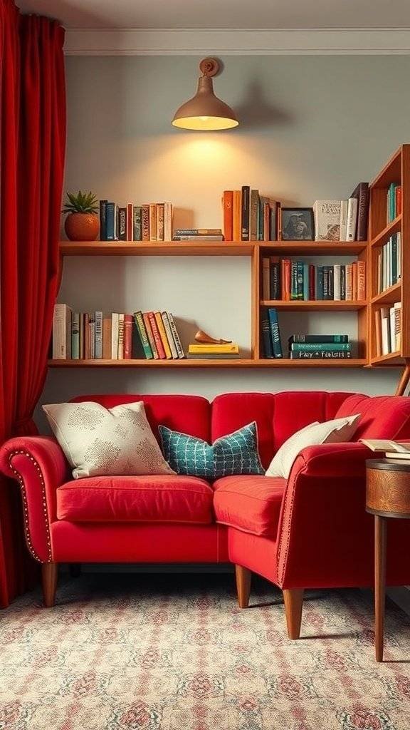 A cozy reading nook featuring a cherry red vintage couch, soft pillows, and a bookshelf filled with books.
