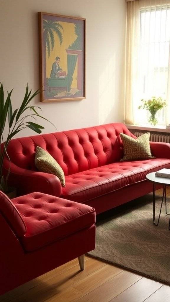 A cozy living room featuring cherry red vintage couches, a fireplace, and mid-century modern decor.