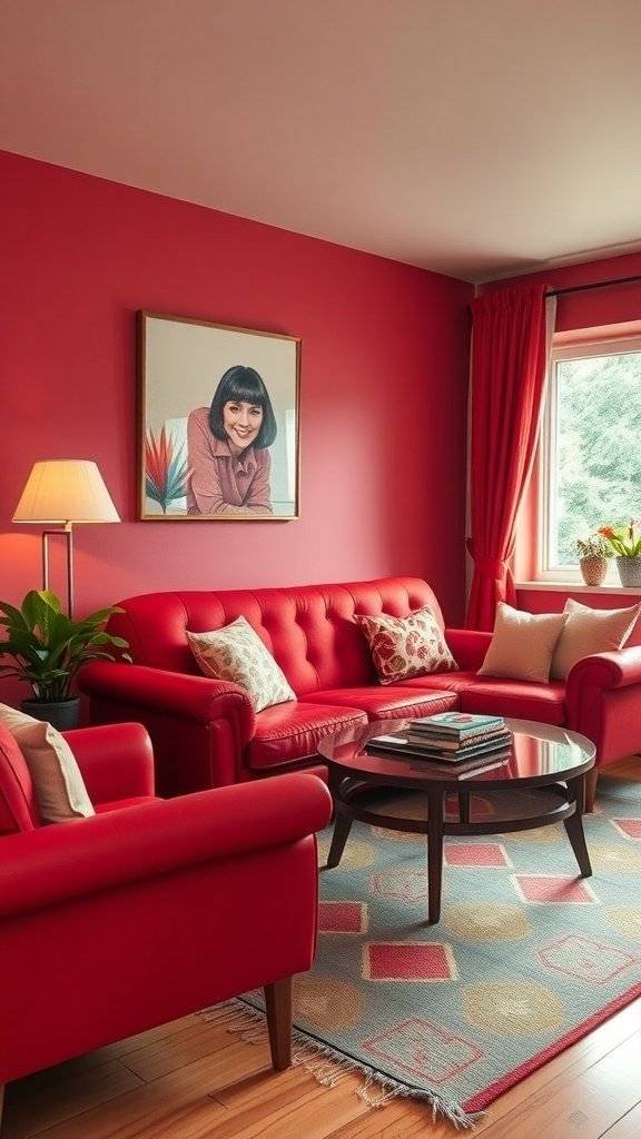 A stylish 1960s themed living room with various vintage furniture pieces, including a blue chair and a wooden cabinet.