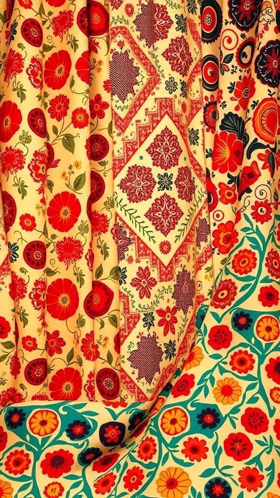 A collection of vibrant retro patterns featuring flowers and geometric shapes, inspired by the 1960s.