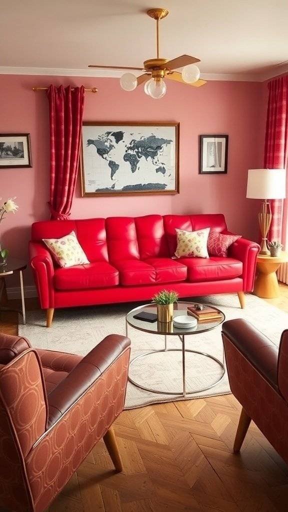 A close-up of a cherry red vintage couch with a sleek design, showcasing its upholstery and style.