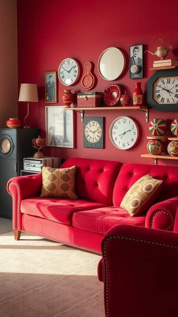 A cherry red vintage couch in a stylish living room with retro accessories and a red wall.