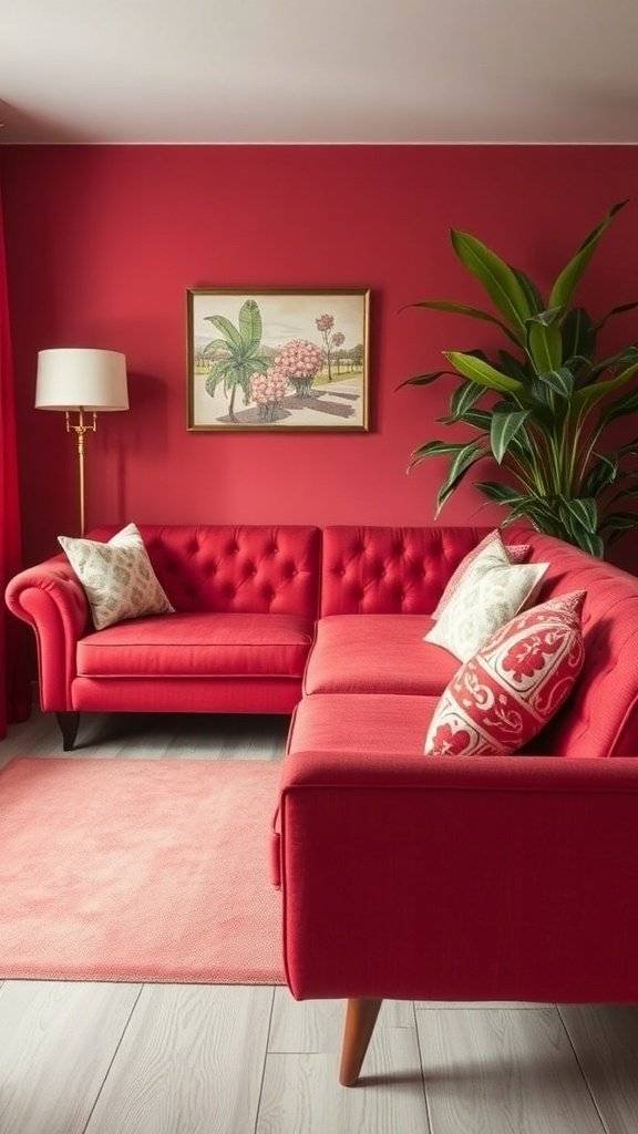 A vibrant interior with cherry red walls and furniture, showcasing a cherry red vintage couch in a 1960's themed setting.