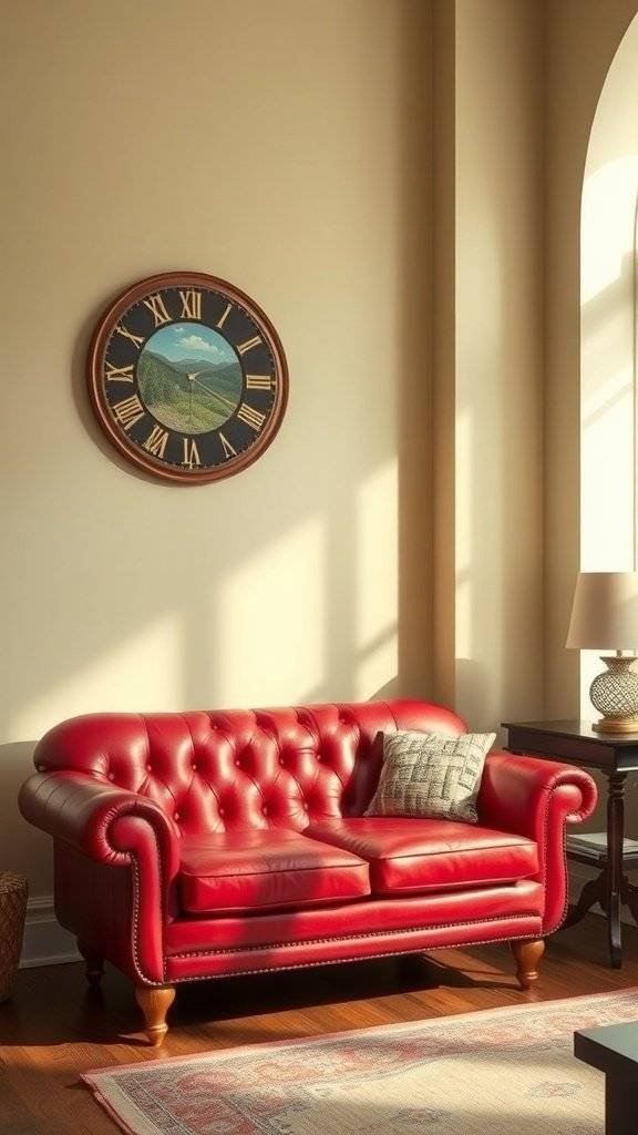 A cozy living room featuring a vintage couch, wooden furniture, and a bright yellow wall, inspired by 1960's design.