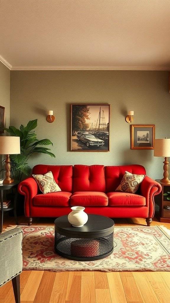 A cozy living room featuring a cherry red vintage couch, a round black coffee table, and a patterned area rug, with soft green walls and vintage decor.