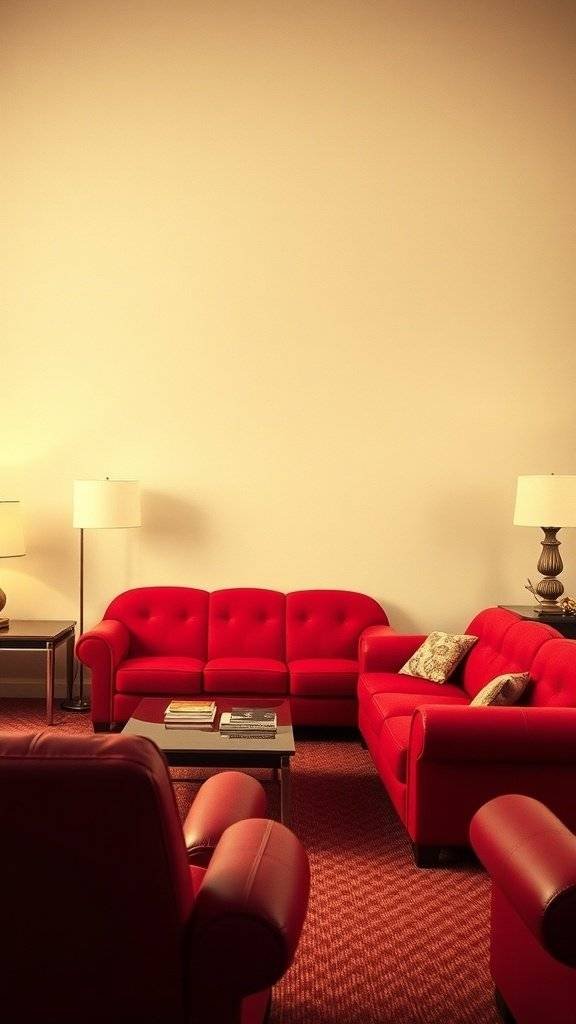 A stylish living room featuring cherry red vintage couches, showcasing a 1960's themed decor.