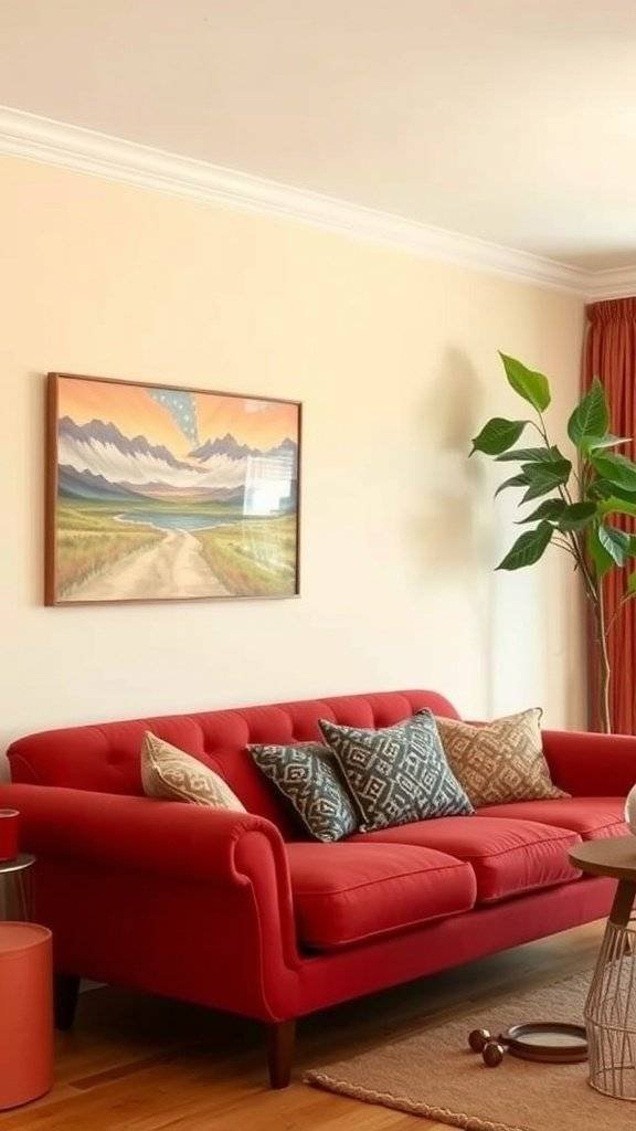 A cozy living room with wooden beams, vintage furniture, and warm tones, reflecting 1960s home design.