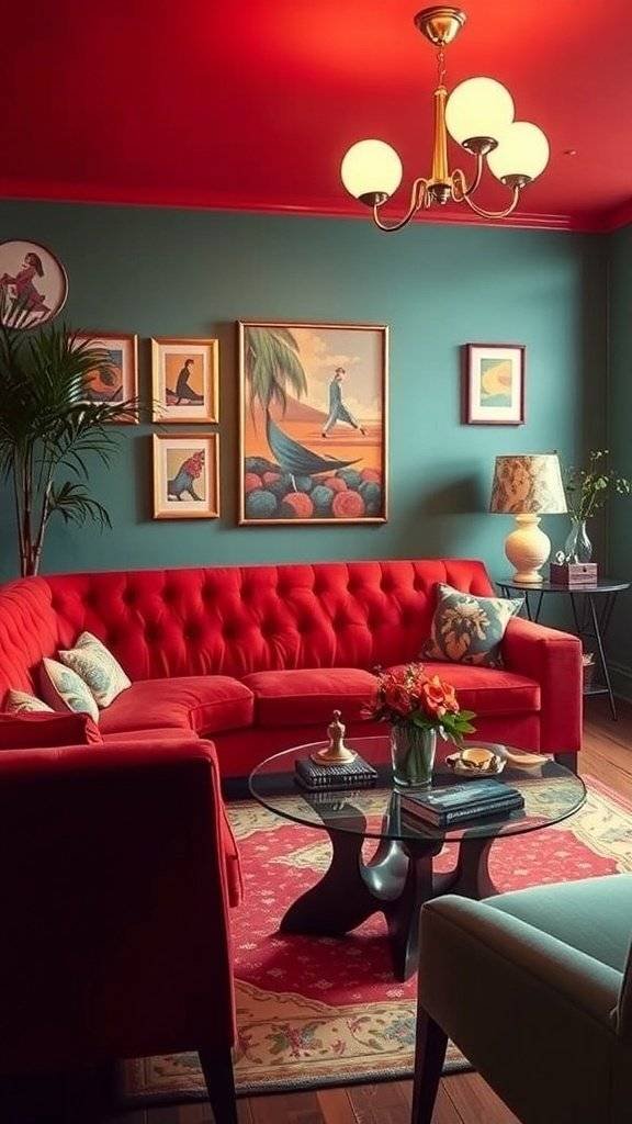 A stylish living room featuring a cherry red vintage couch, teal walls, and 1960s themed decor.