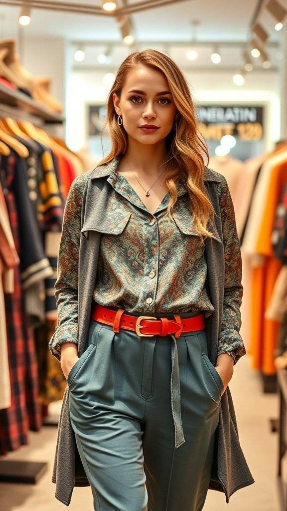 A stylish brown coat with a bold pink belt on a mannequin in a store.