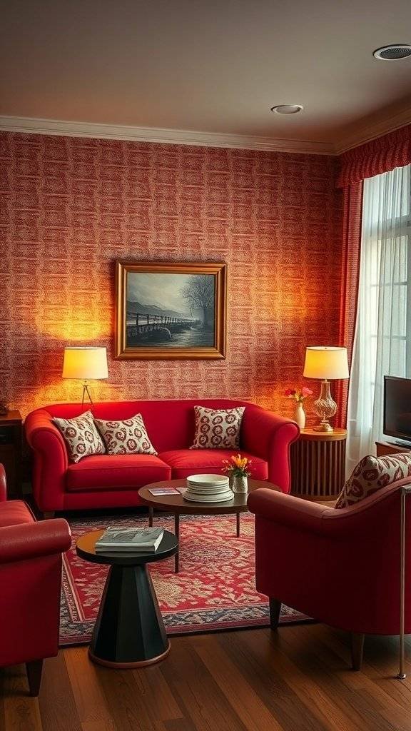 A cozy living room featuring cherry red vintage couches, patterned wallpaper, and soft lighting, inspired by the 1960s.