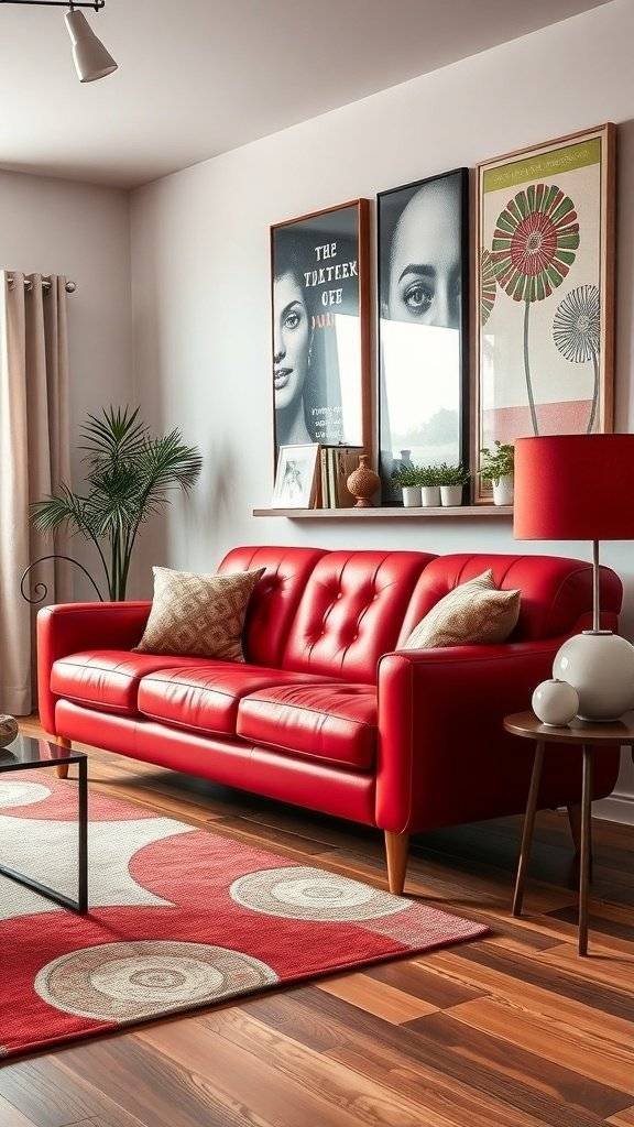 A cherry red vintage couch in a modern living room with 1960s themed decor.
