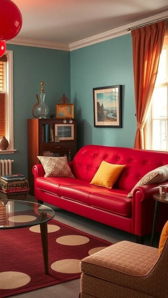 A cozy living room featuring cherry red vintage couches and other colorful furniture, styled in a 1960's theme.