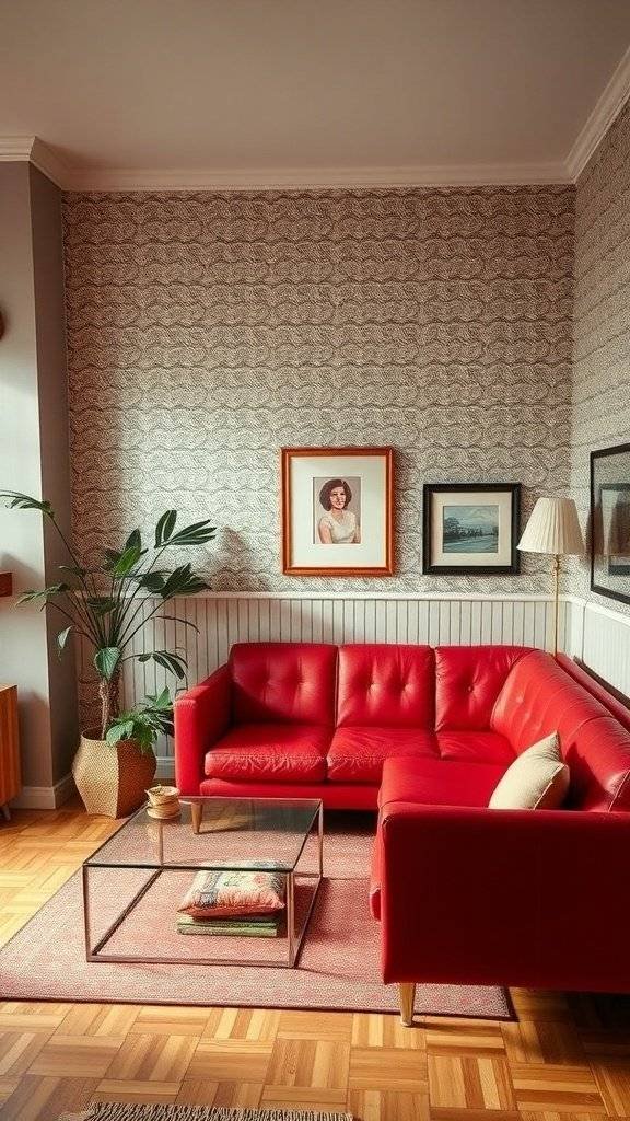 A stylish living room featuring a cherry red vintage couch, 1960's themed decor, and professional photography.