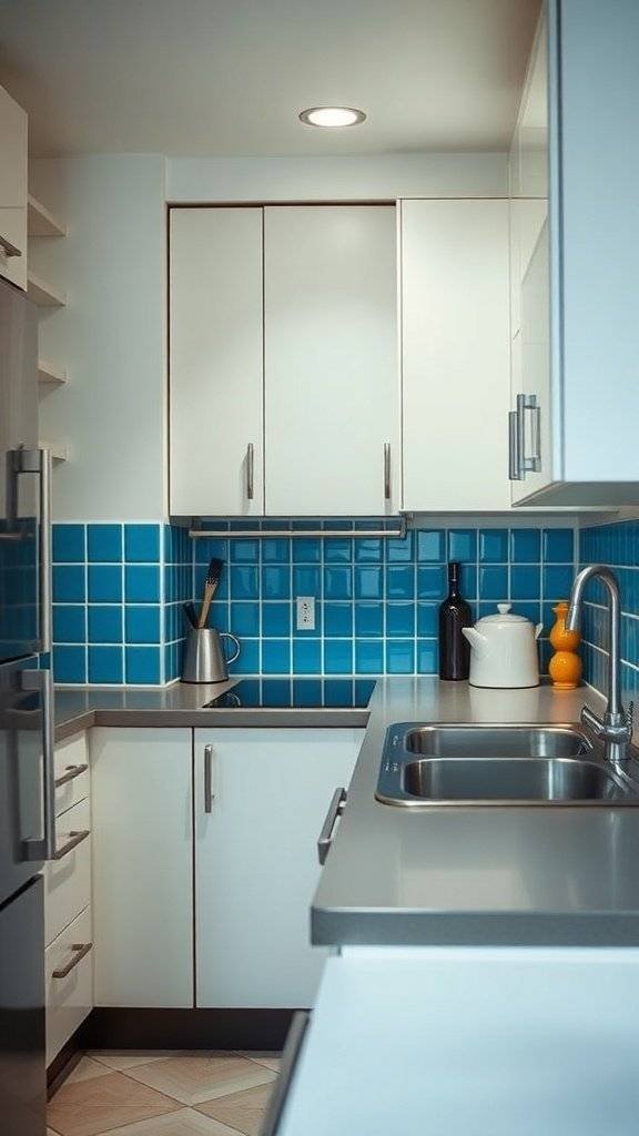 A small kitchen featuring a blue ceramic backsplash with white cabinets and stainless steel appliances.