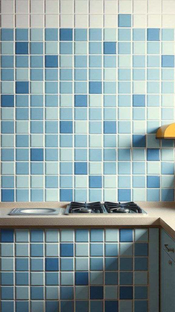 A kitchen backsplash featuring a variety of blue ceramic tiles in different shades, with a yellow light fixture.