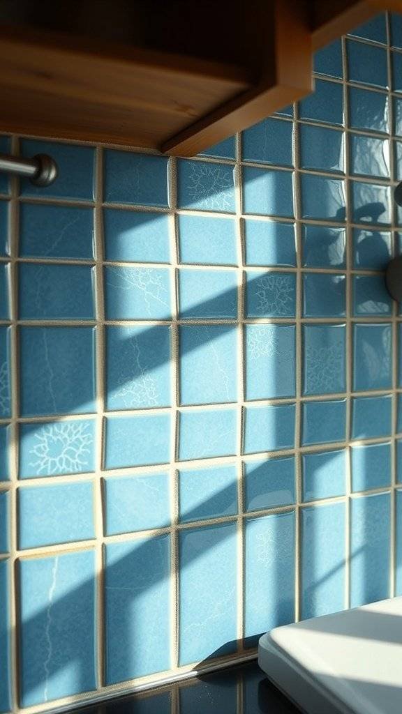 Textured blue ceramic tiles forming a backsplash in a kitchen or bathroom