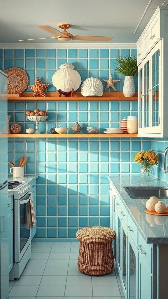 A kitchen with blue ceramic backsplashes, wooden shelves displaying seashells, and a wicker stool.