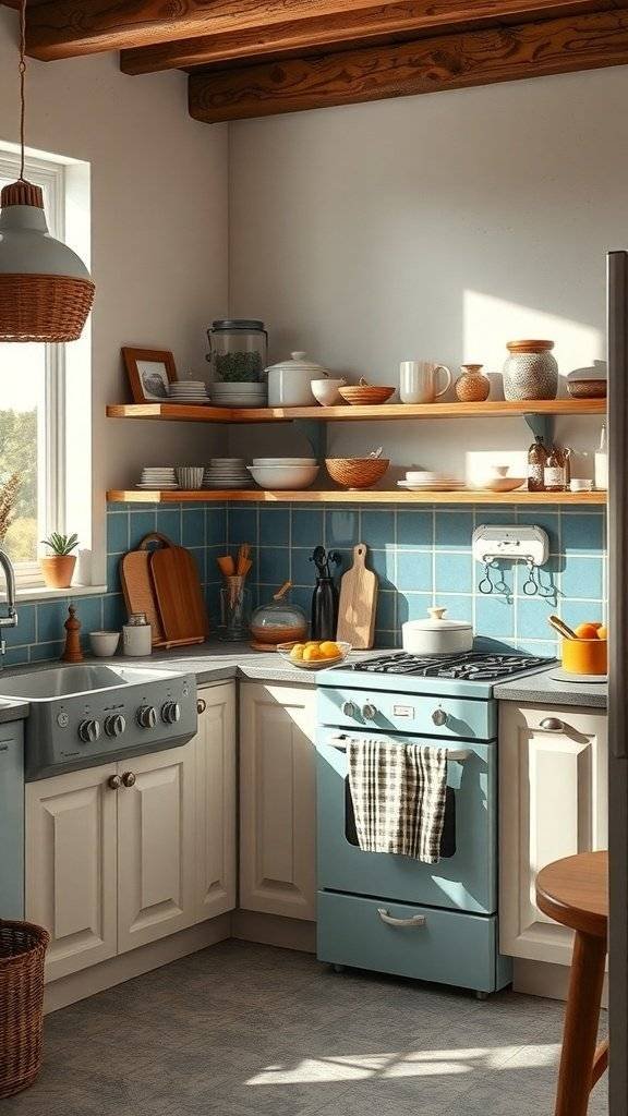 A cozy kitchen featuring blue ceramic backsplashes, a blue stove, and wooden shelves with kitchenware.